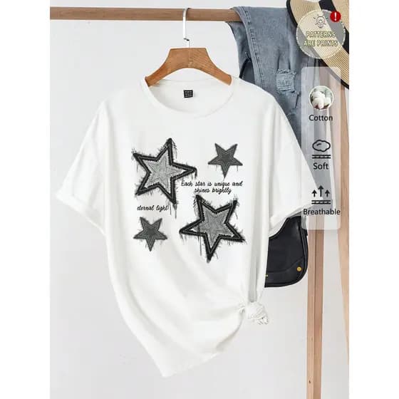Bonito Camiseta Feminina De Manga Curta,Justa,Gola Redonda,Estampa De Estrela De Cinco Pontas,Camisa De Verão