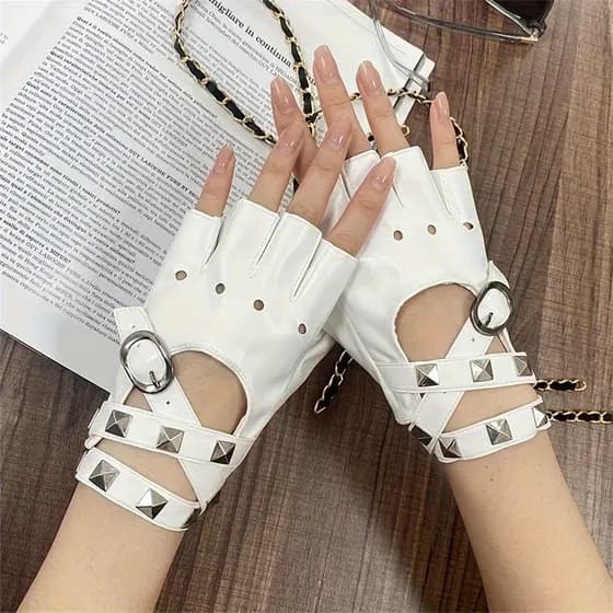 Luvas de Meio Dedo com Rebites para Mulheres, Luvas de Performance para Palco, Luvas de Ciclismo D4UY