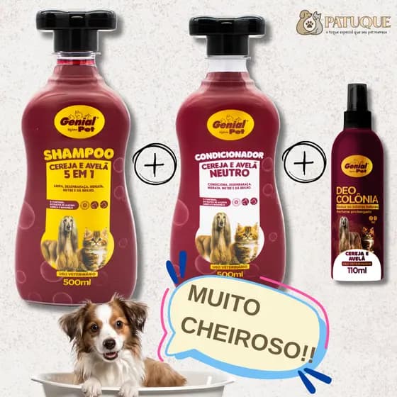 Kit Shampoo 5 Em 1 + Condicionador Neutro + Deo Colonia Perfume Cereja e Avelã Cachorro E Gatos