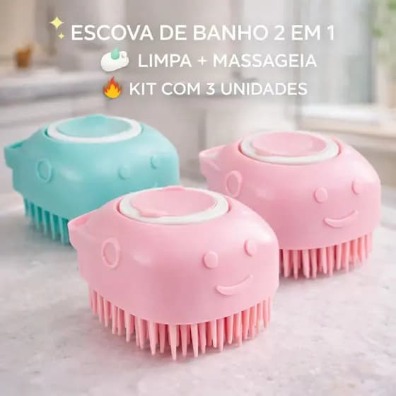 Kit 3 Esponja Silicone Para Banho Com Dispenser Shampoo Sabonete Escova Crianças Adultos e Pets