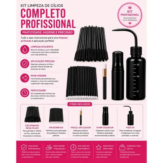 Kit Pump Pisseta Pincel Escovinha e Microbrush - Kit Limpeza Cilios Extensão Profissional Black