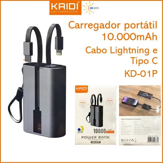 Bateria Externa Power Bank Kaidi KD-01P 10.000mAh 2 Cabos Integrados