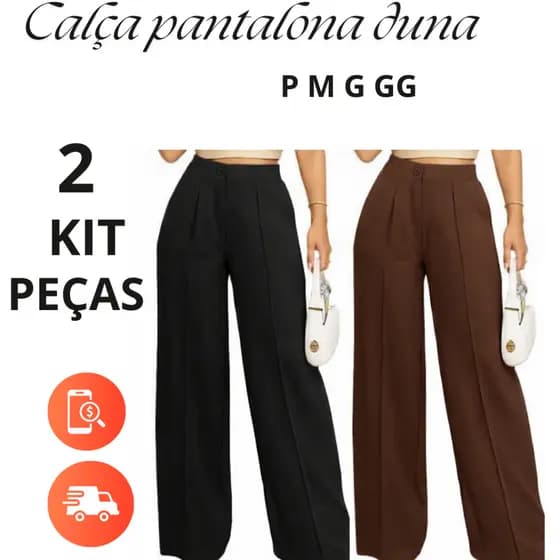 Kit 2 Calças Pantalona Feminina Elegante Cintura Alta com Bolso Tecido Duna Trabalho Casual