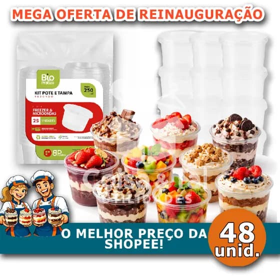 48 un Pote para Bolo Redondo 250ml atacado Potinho Freezer Microondas Descartavel Tampa sorvete açai