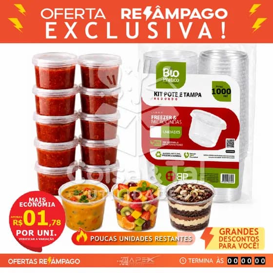 96 Pote Plástico Redondo 1000ml com Tampa Embalagem Bolo de Pote, Sorvete, Doces