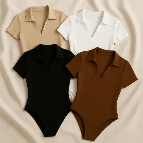 Kit 3 Bodi Polo Feminino Suplex Manga Curta Básico Premium Confortável Ajustado Gola Polo Elegante