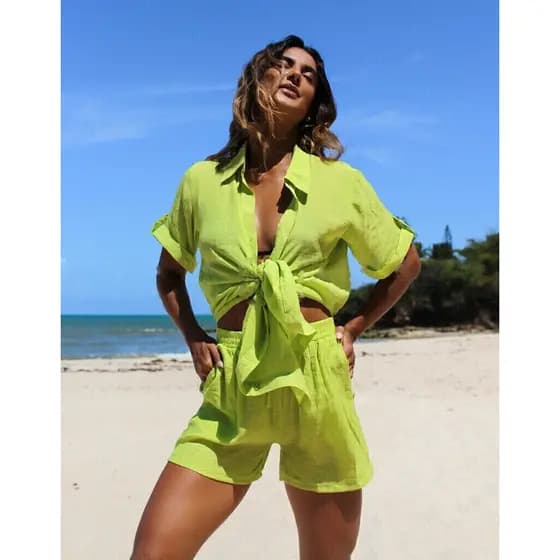 (kit2)Conjunto 2 em 1 de saída de praia em linho de verão 2026 : roupa de praia e Shorts-shorts de praia respiráveis