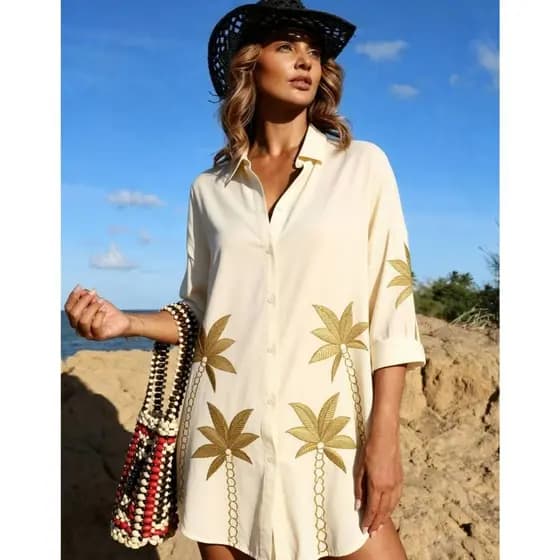 Saída de praia 100% algodão, camisa folgada com estampa de coqueiros, proteção solar.