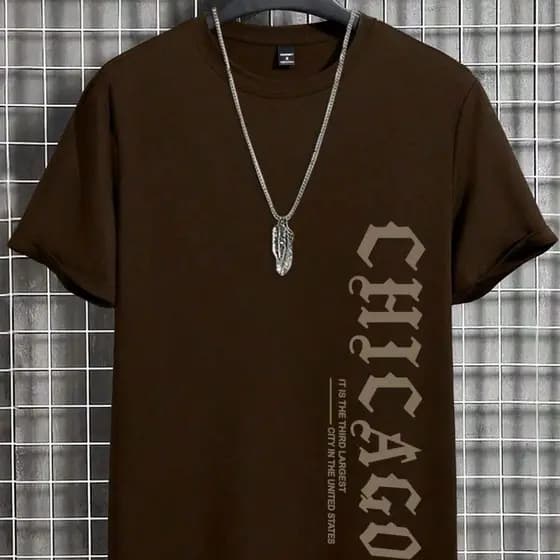 Camiseta Masculina Chicago Estampa de Letra Camisa 100% Algodão de Gola Redonda e Manga Curta Moda