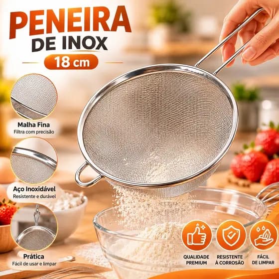 Peneira Coador Manual Em Aço Inox Para Cozinha 18CM Premium Utilidades