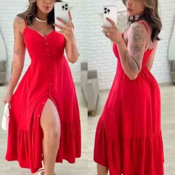 Vestido Feminino Midi LISO Vestido casual com babado vestido de botão viscolinho E CREPINHO PREMIUM TENDENCIA 2026