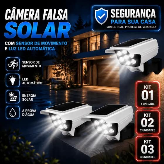 Câmera Fake Solar com LED Sensor de Movimento Luz Externa IP66 Segurança Residencial Prova Dágua