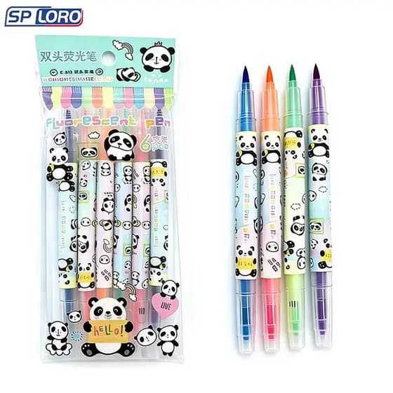Conjunto de marcadores de texto de ponta dupla com estampa de panda (6 cores) XK-892