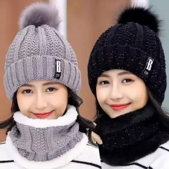 Babador + Chapéu De Inverno Feminino Tricotado Engrossado/Gorro/Cachecol/Touca Quente
