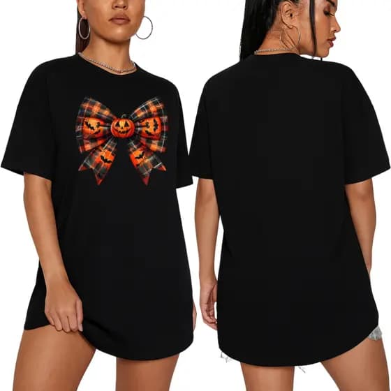 Camiseta Feminina Laço Halloween Lançamento Dias Das Bruxas Tecido 100% Algodão Camisa Unissex Manga Curta Gola Redonda