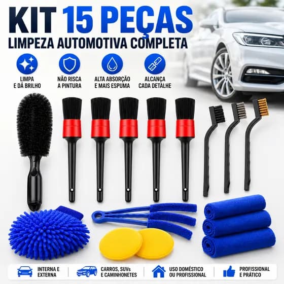 Kit 15 Peças Lavagem Automotiva Esponja + Escova + Flanela 30x40cm + Aplicador de Cera + Luva Microfibra + Pincel