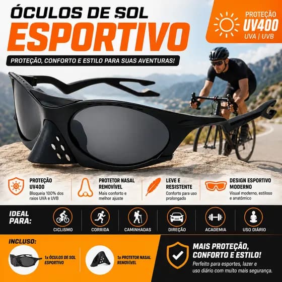 Óculos de Sol Esportivo, ciclismo, corrida Unissex com Protetor Nasal Bico de pato Removível UV400