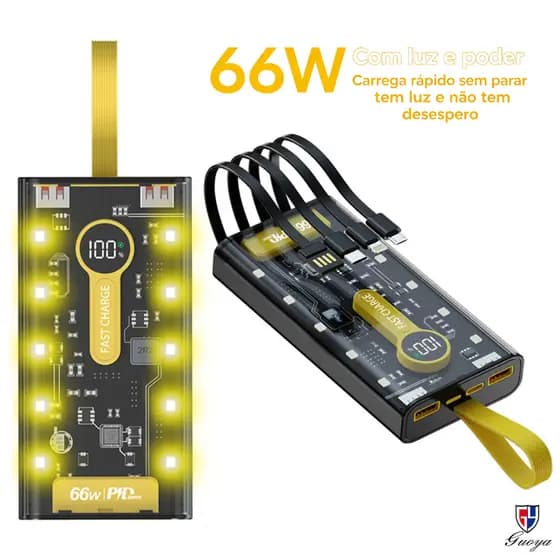 Carregador De Banco De 66w Transparente Portatil De 10.000mah Com Cabo De Carregamento Integrado