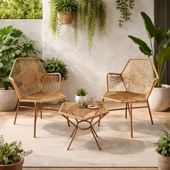 Kit 2 Cadeiras Tropicália + 1 Mesa Estrutura Cobre na Fibra Sintética P/ Jardim, Varanda e Piscina