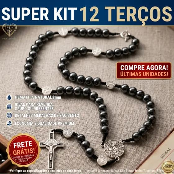 Kit 12 Terços De Hematita Colar Masculino São Bento 8mm Fecho Proteção Equilíbrio Energético Premium