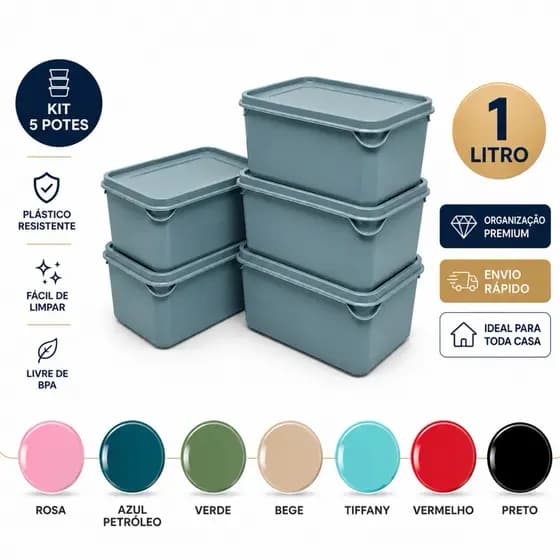 Kit 5 Pote Plástico Multiuso 1 Litro Retangular | Livre de BPA | Freezer e Micro-ondas | Organizador