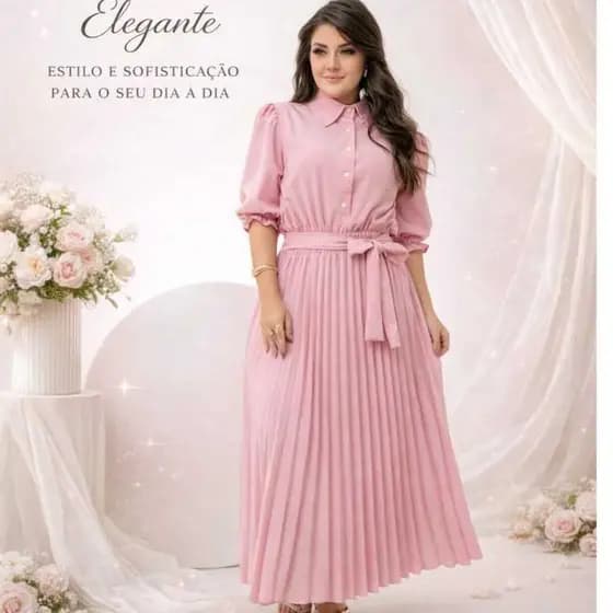 Vestido Longo Plissado Feminino Manga 3/4 com Cinto – Elegante e Sofisticado