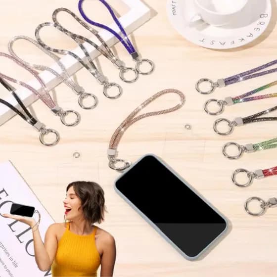 Cordão Carnaval Strass Glitter Corrente Pulso Smartphone Universal Brilhante Anti Furto Anti Perda