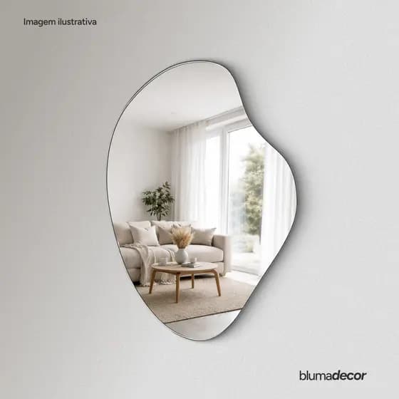 Espelho Orgânico Decorativo 80x50cm Prata Reflexo Alta Qualidade Lapidado Moderno Com Suporte Invisível Luxo Form Flame