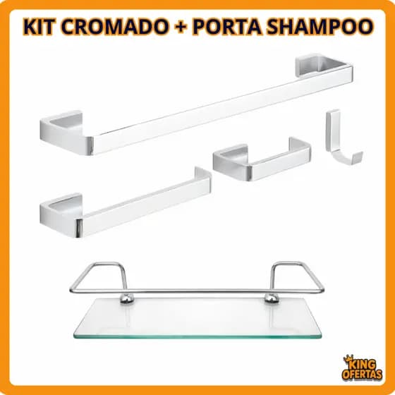 Kit Acessorios para Banheiro Quadrado Cromado Luxo - 4 Peças + Porta Shampoo