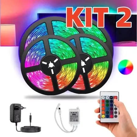 Kit 2 Tira Led Rgb 3528 Colorido 5m + Controle + Fonte 300 Decoração Casa Loja Gesso Moldagem De Teto Vitrine