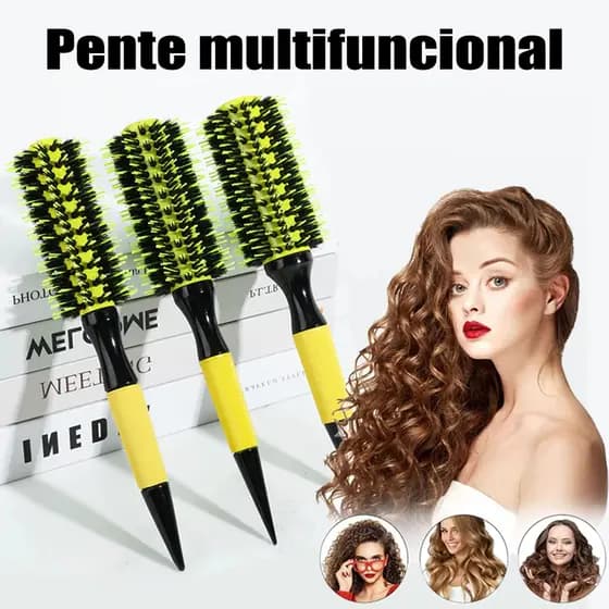 Escova De Cabelo Térmica Amarela Cerdas De Javali Mista Madeira