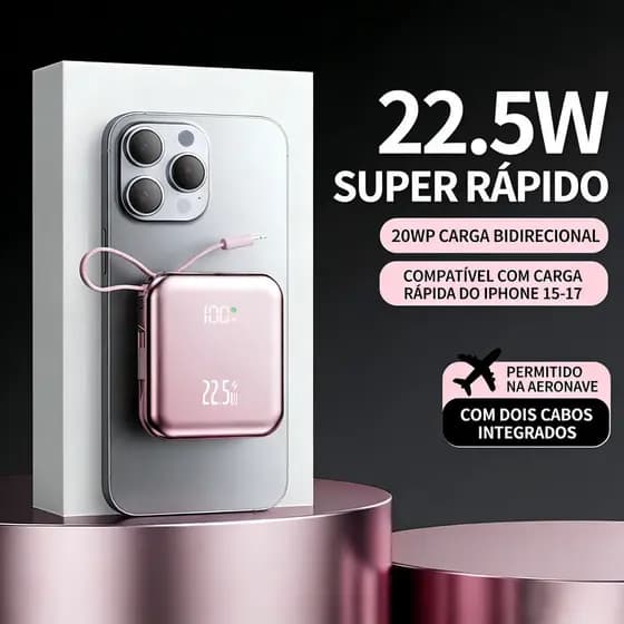 Mini Banco De Potência Portátil 20.000 mAh Com iOS E Cabo Tipo C