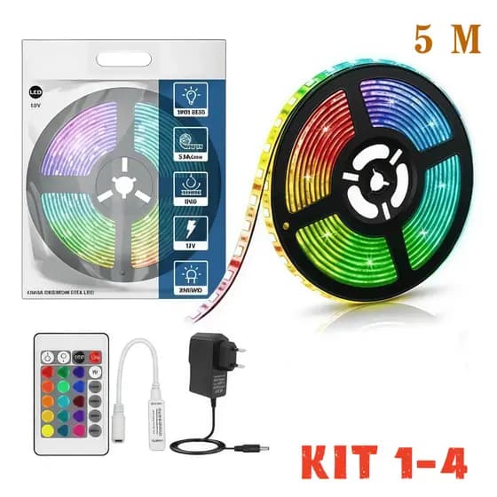 KIT 1-4 Fita Led Rgb 3528 Colorida 5m + Controle+Fonte 300 Led Decoração Casa Loja Gesso Teto Sanca Vitrine