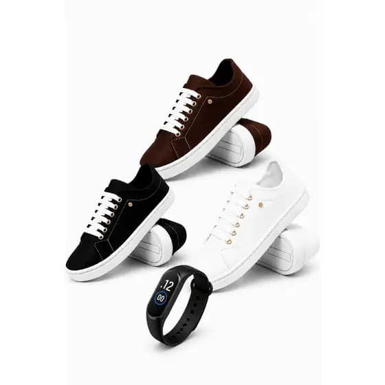 Kit 3 Pares de Tênis Casual Unissex + Relógio Digital – Conforto, Estilo e Economia