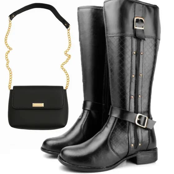 Kit Elegância Preta: Bota Cano Alto + Bolsa com Corrente – Sofisticação que Impressiona