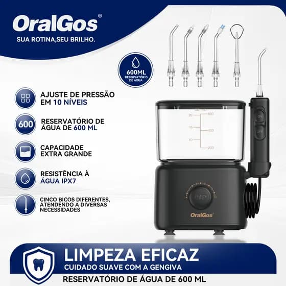 ORALGOS Irrigador Oral , 600ml, 10 Níveis, Pulse Wave, 2 Cores - Preto/Branco
