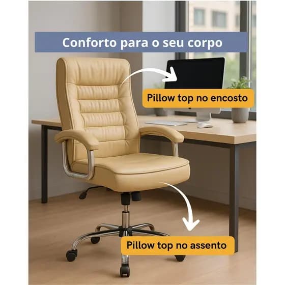 Cadeira De Escritório Presidente Couro Big Office Monique Com 42 Molas Ensacadas Pillow Top Assento