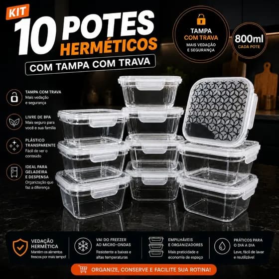 Kit até 10 Potes Herméticos Transparentes Com Tampa e Trava 800ml
