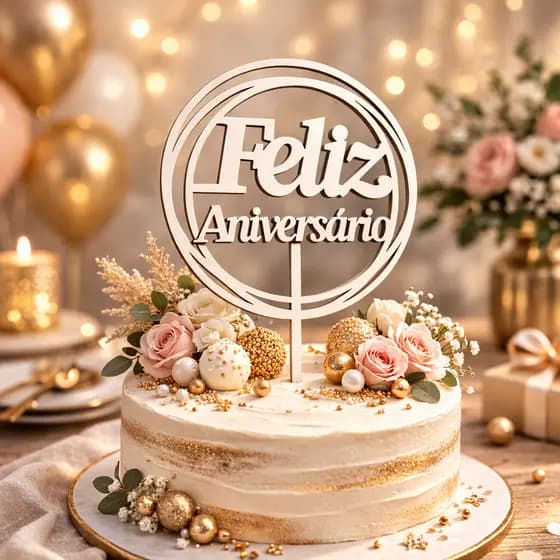Topo de Bolo Parabéns MDF | Topper Aniversário Elegante | Decoração de Bolo Adulto | Kit 2 Unidades