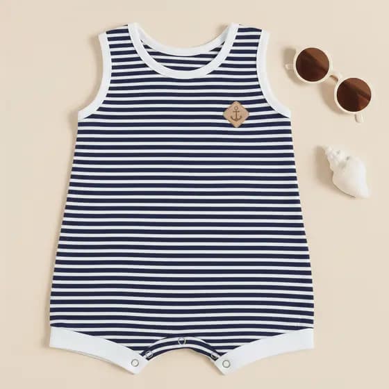 Banho de Sol Macacão Bebê Unissex Regata Listrado Azul Marinho Estilo Náutico Verão Fresquinho