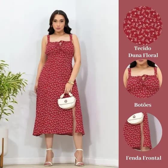 Vestido Midi Floral Fenda Frontal Laço Decote Disponivel no M e G - Feito do Tecido Duna Alça Grossa