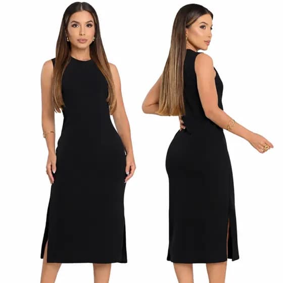 Vestido Midi Malha Feminino Justo Elegante Fenda Lateral Tamanho Único 36 ao 42