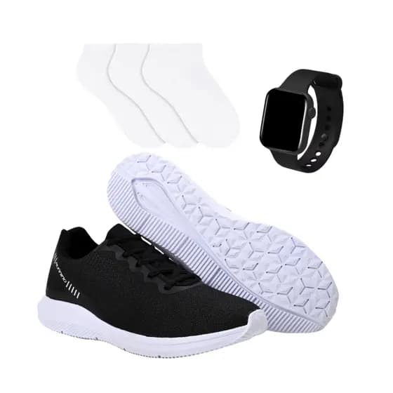 Tênis Running Treino Caminhada Confortável + Meias + Relógio