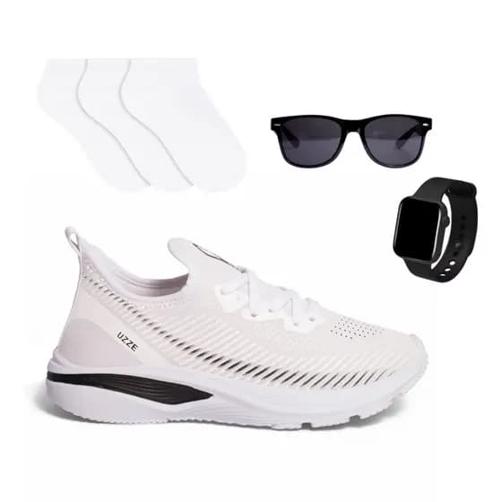 Kit Tênis Calce Fácil Masculino Treino Caminhada + Meias + Relógio + Óculos
