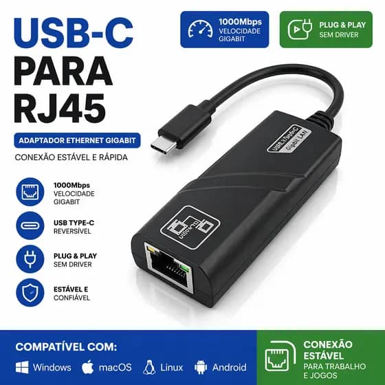 Adaptador USB Tipo C Para RJ45 Gigabit Ethernet Placa Rede Cabo Internet Para Notebook PC