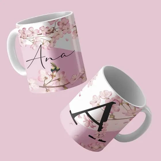 Caneca Personalizada Floral Cerejeira Nome e Letra Inicial Porcelana Presente 325ml Todas as Letras