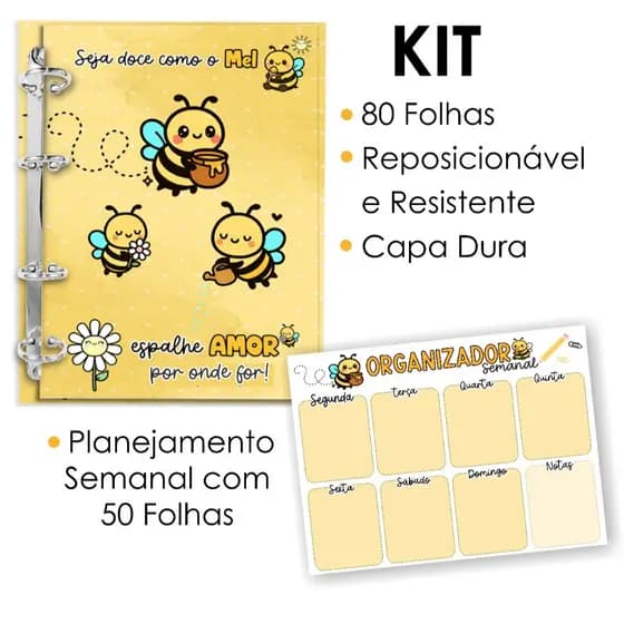 KIT Fichário Colegial Caderno Argolado Personalizado + Planner de Mesa Semanal Abelhinha