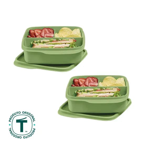 Kit com 2 Potes Herméticos Tupperware Basic Line Divisória Verde 550ml