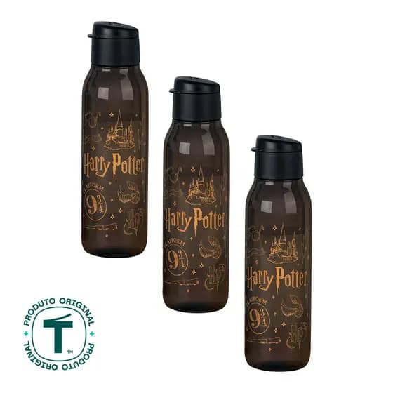 Kit 3 Garrafas de Água Tupperware Eco Tupper Redonda Plus Harry Potter Preto 750ml