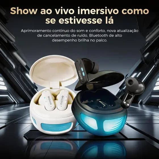 Eletromex Fone Bluetooth com estojo LED estilo gamer|Design futurista tipo robô|Som potente + até 7h de bateria